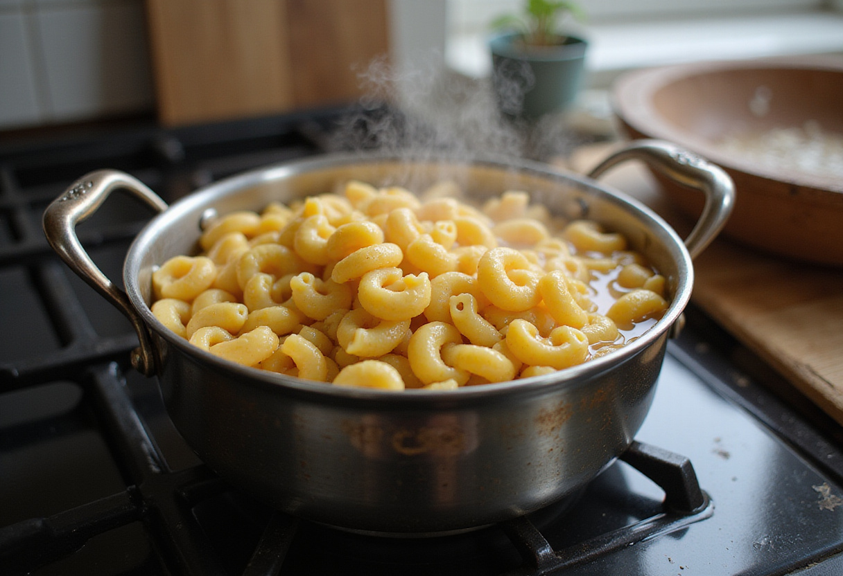 Elbow macaroni boiling in a saucepan for Cracker Barrel Mac and Cheese.