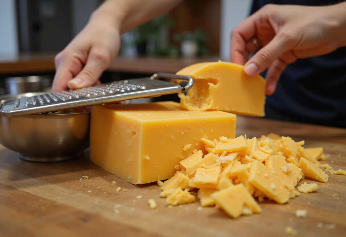 Cheddar cheese being shredded for homemade Cracker Barrel Mac and Cheese.