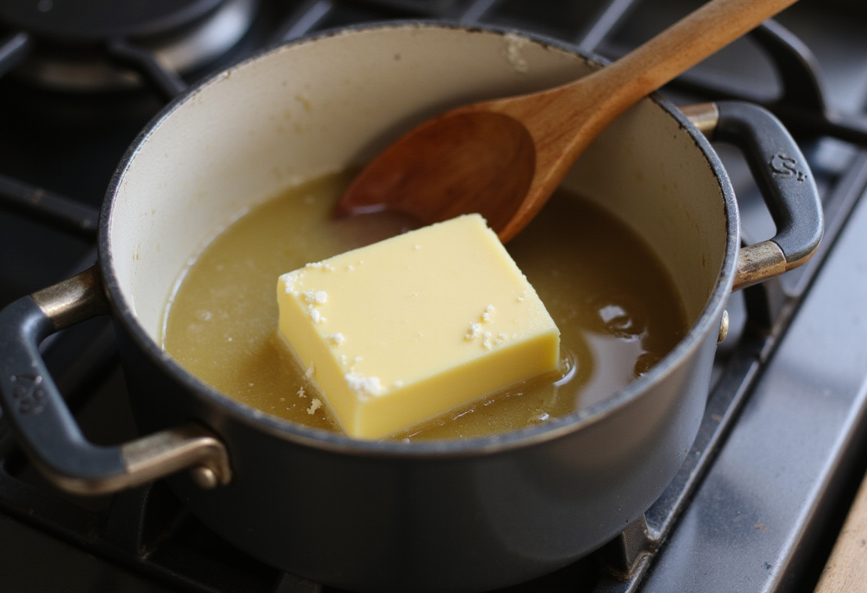 Butter melting in a saucepan to start the Cracker Barrel Mac and Cheese sauce.