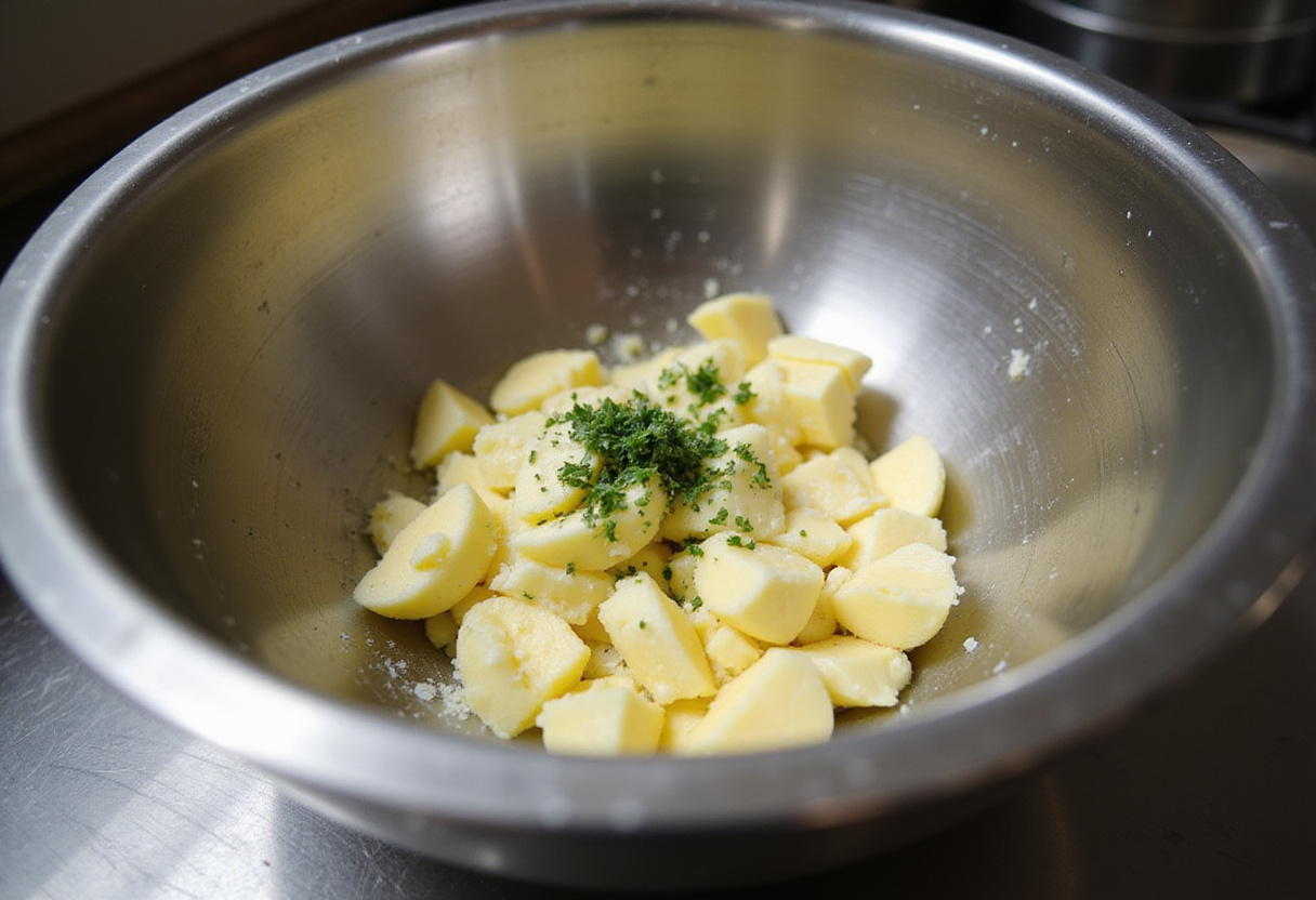 Minced garlic being mixed with butter for preparing Cunetto's Garlic Cheese Bread.