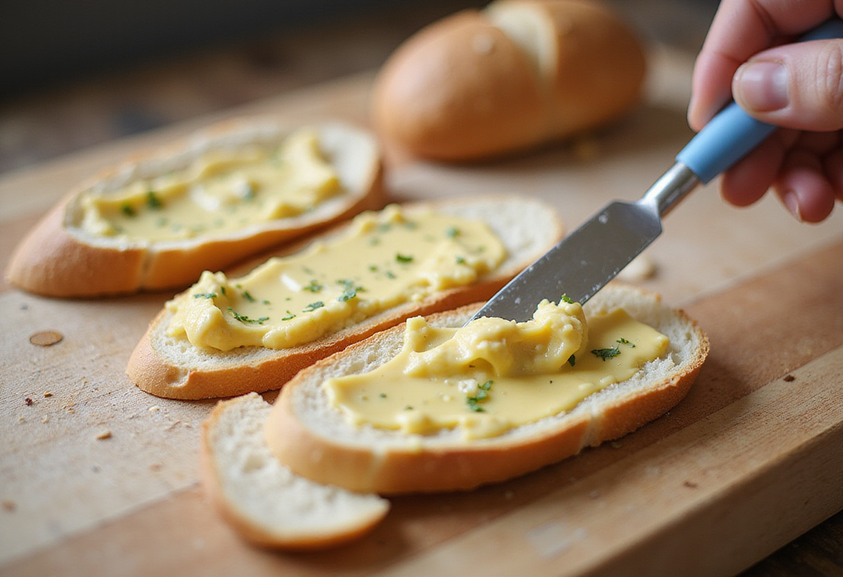 Garlic butter being spread on baguette slices for Cunetto's Garlic Cheese Bread.