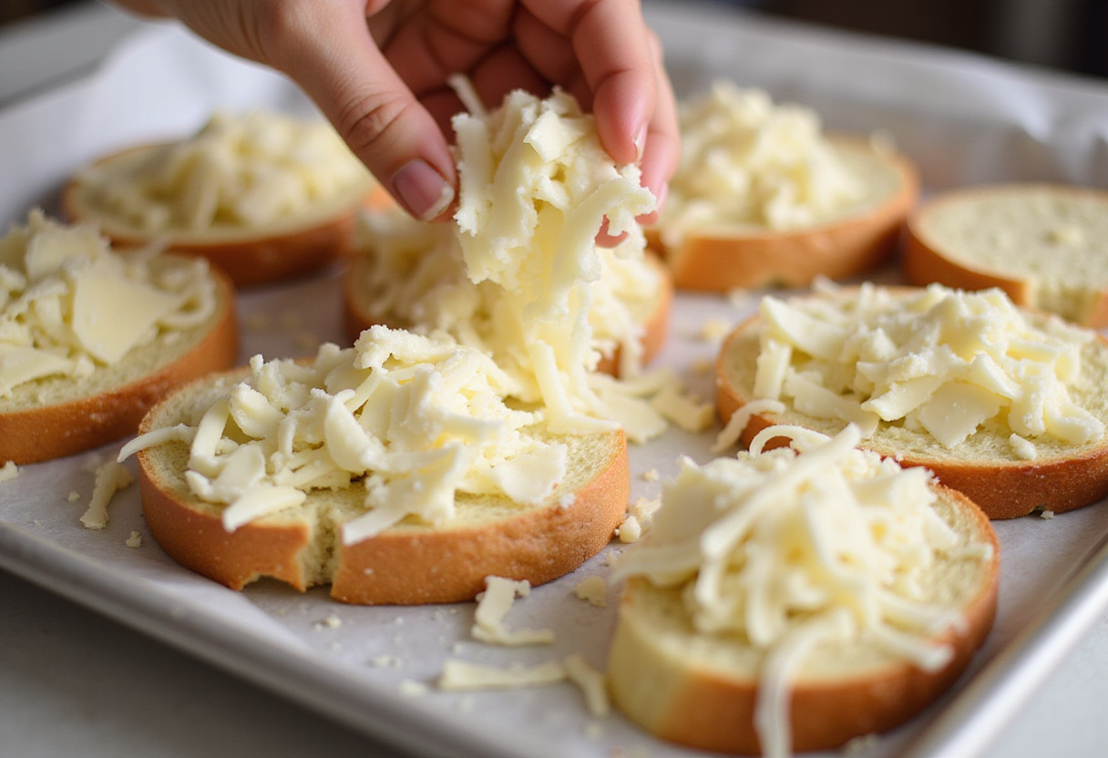 Cheese being sprinkled on garlic bread before baking Cunetto's Garlic Cheese Bread.