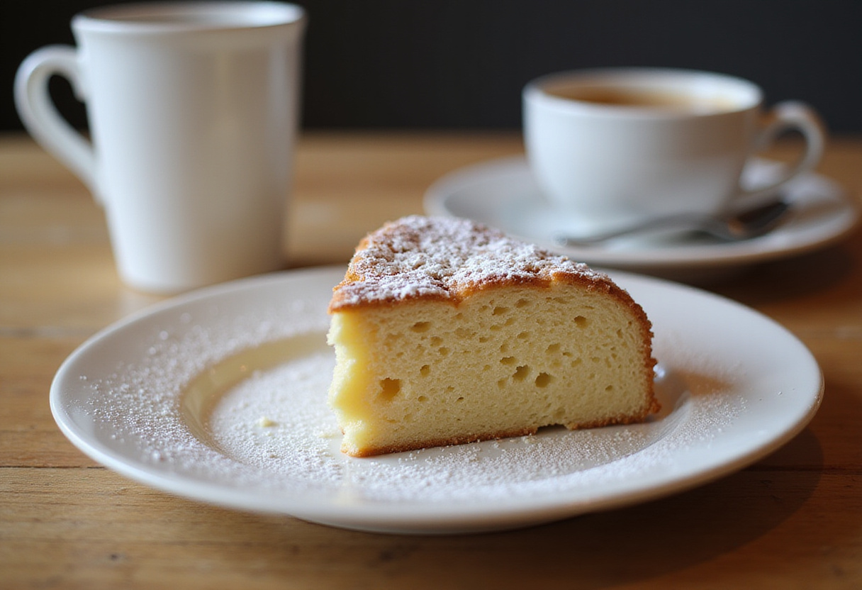 Delicious slice of gluten-free cake with powdered sugar and coffee.