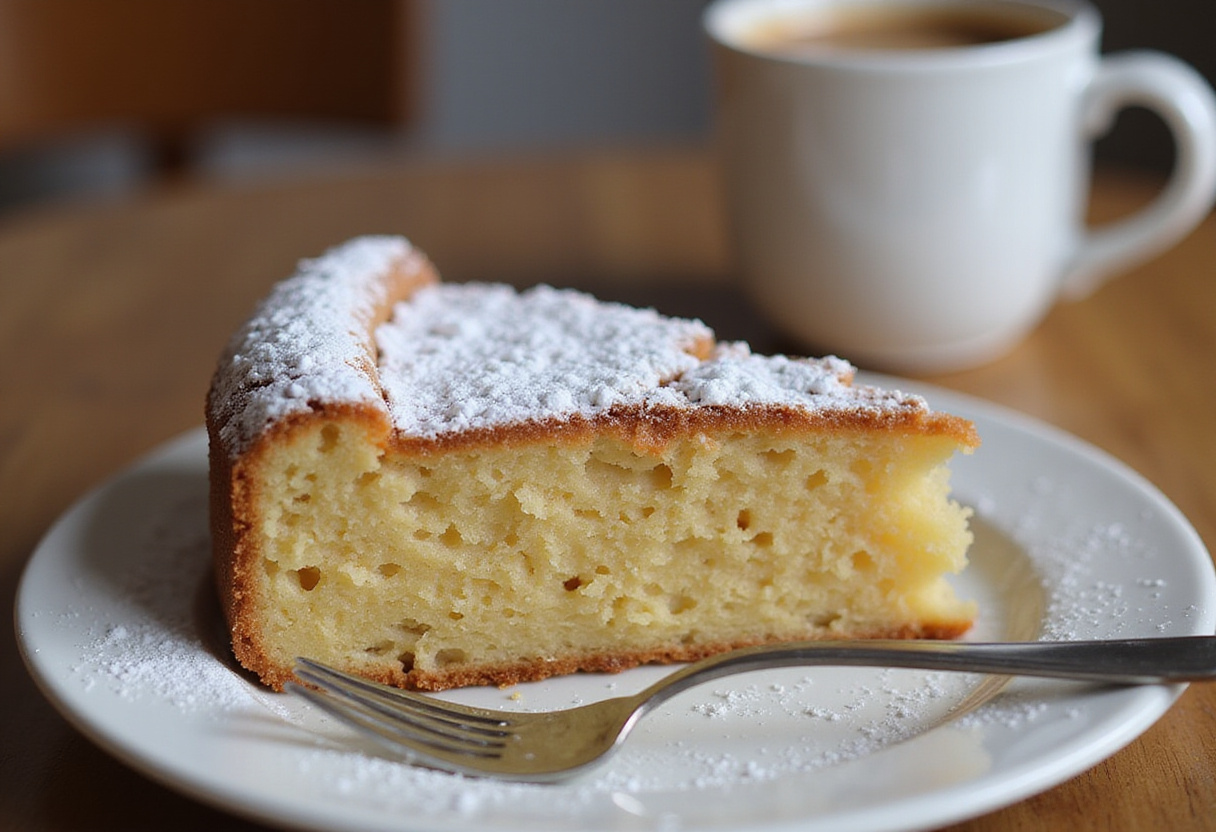 Delicious slice of gluten-free cake with powdered sugar and coffee.