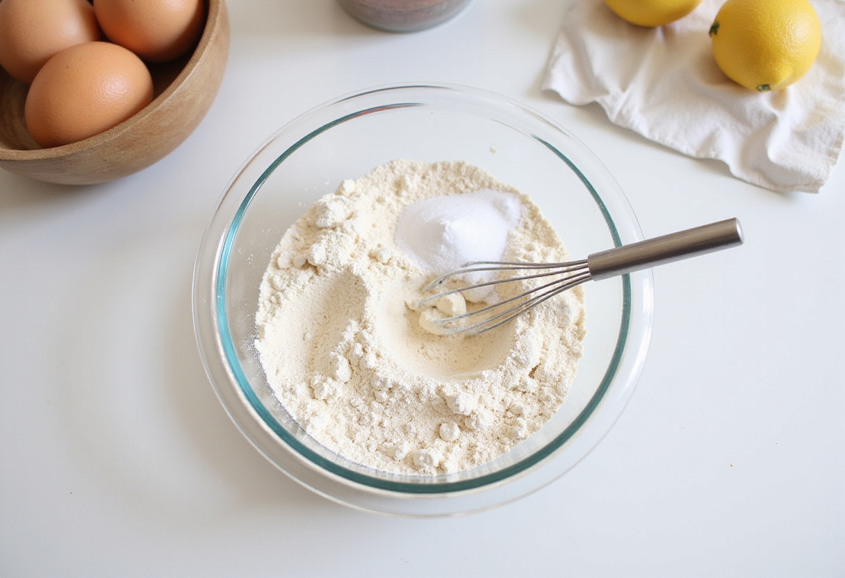 Dry ingredients being mixed for a gluten-free cake batter.