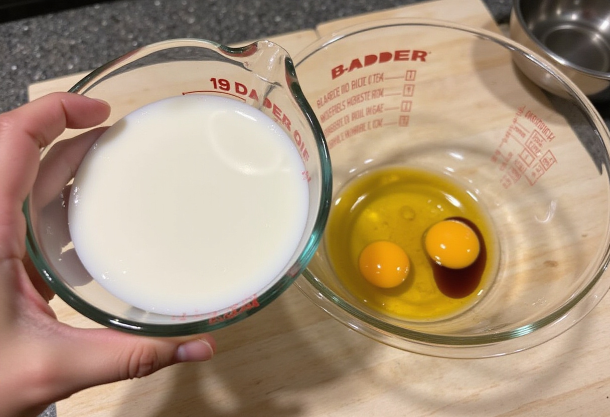 Wet ingredients prepared for a gluten-free cake recipe.