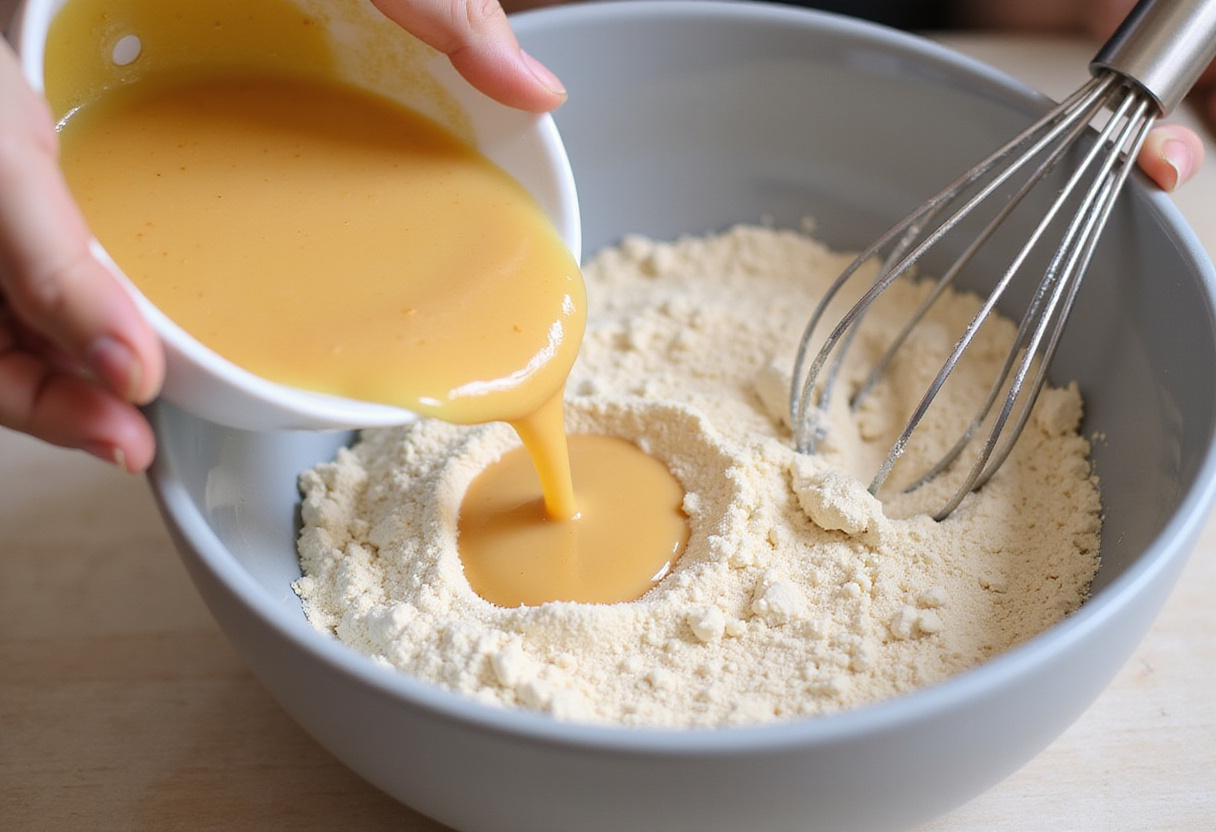 Combining wet and dry ingredients to make gluten-free cake batter.