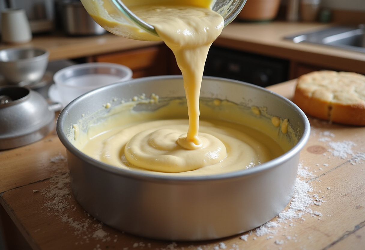 Pouring gluten-free cake batter into a baking pan before baking.