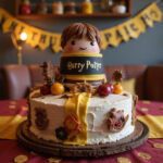 Finished Harry Potter cake with golden snitches, perfect for a Harry Potter party.