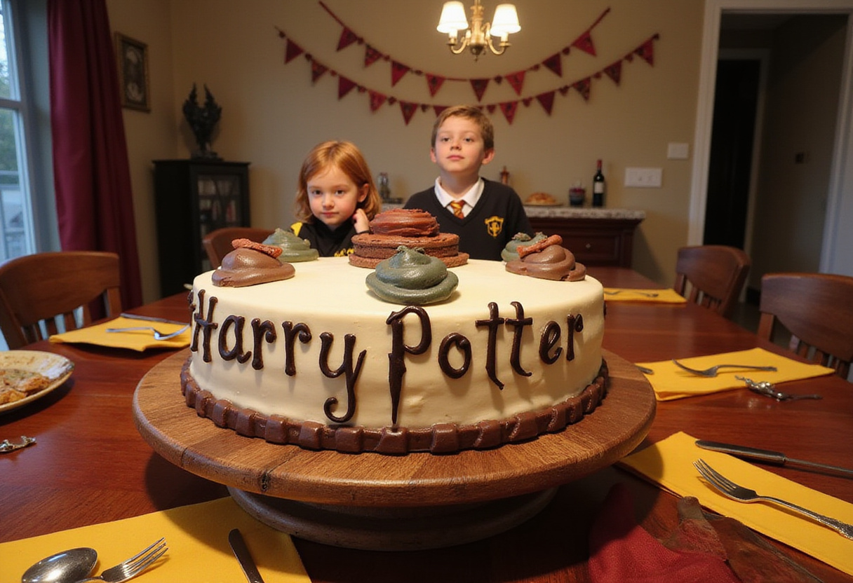 Finished Harry Potter cake with golden snitches, perfect for a Harry Potter party.
