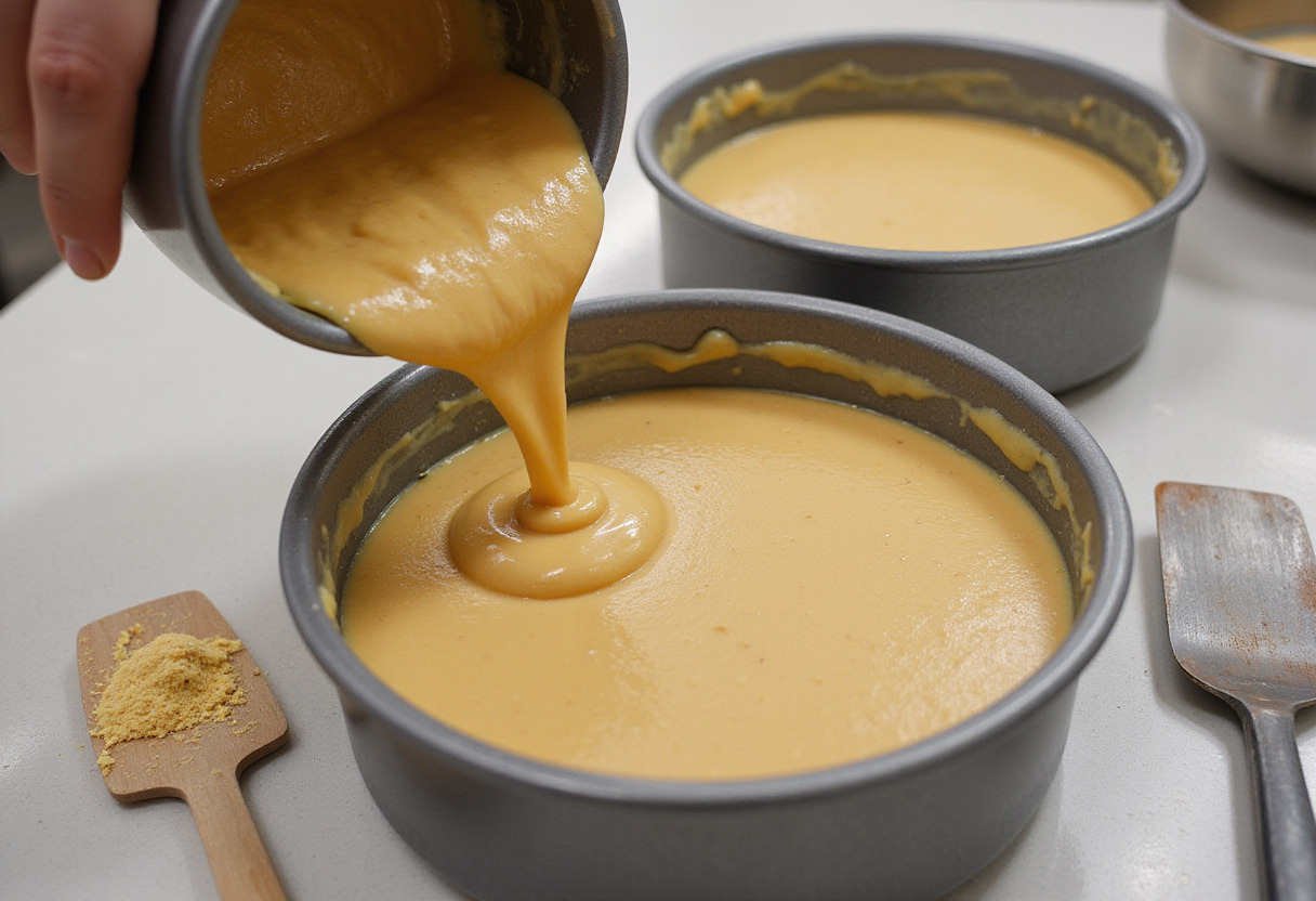 Cake batter being poured into cake pans for a Harry Potter cake recipe.