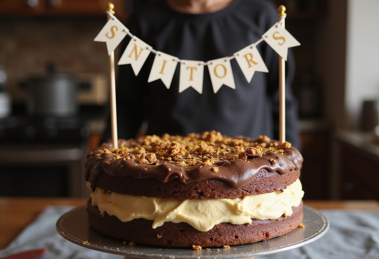 Chocolate frosted cake being decorated with Harry Potter themed decorations.