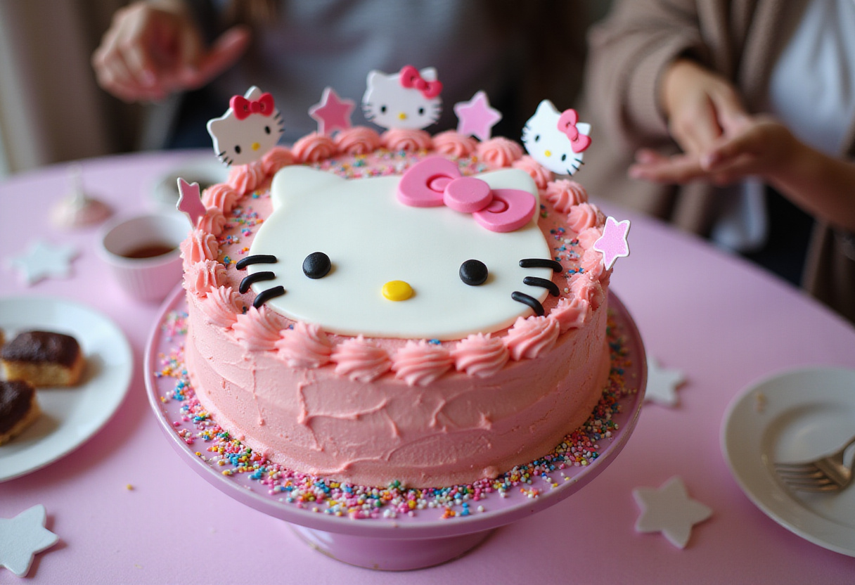 Finished Hello Kitty cake with pink frosting and sprinkles, perfect for a Hello Kitty themed party.