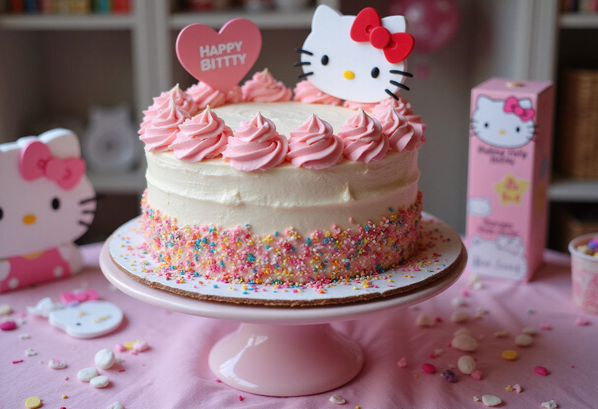 Finished Hello Kitty cake with pink frosting and sprinkles, perfect for a Hello Kitty themed party.