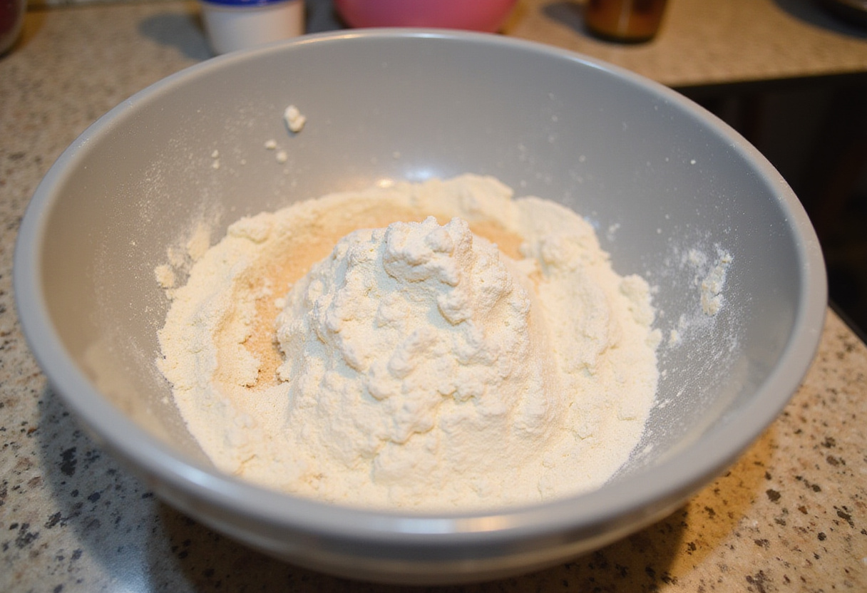 Dry ingredients in a mixing bowl preparing for Hello Kitty cake recipe.