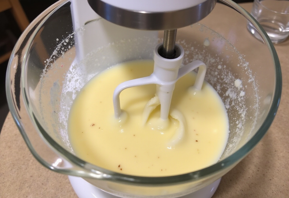 Wet ingredients being mixed in a stand mixer for Hello Kitty cake.