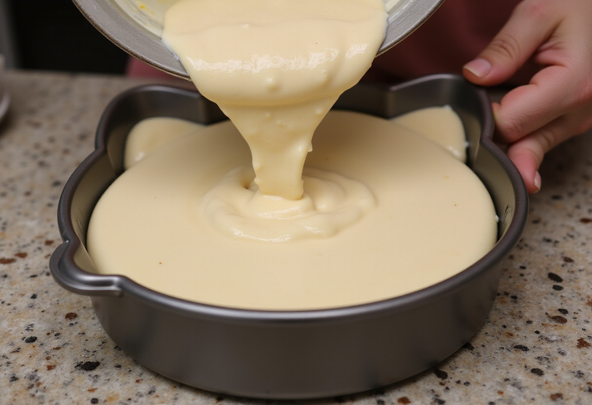 Cake batter being poured into a Hello Kitty cake pan.