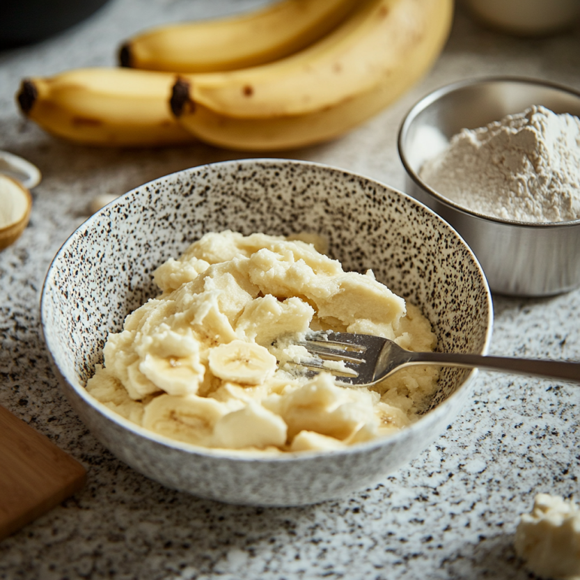 Mashing ripe bananas for a homemade high-altitude banana bread recipe.