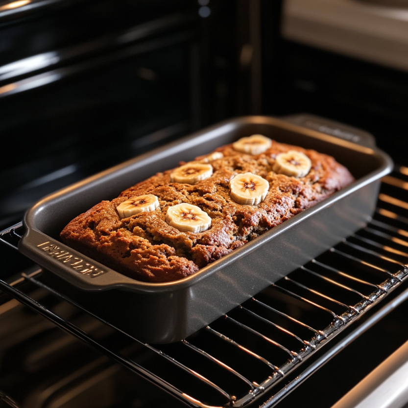 Baking high-altitude banana bread in the oven at home.