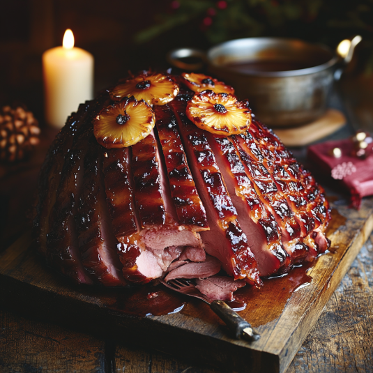 Finished Glazed Ham with a Twist, garnished with herbs and pineapple, perfect for a festive meal.