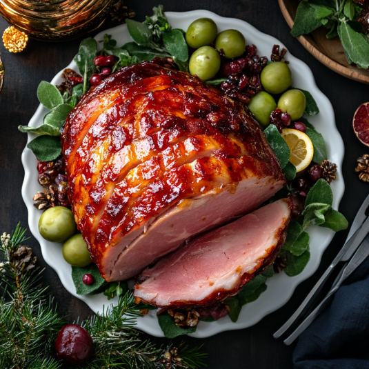 Finished Classic Glazed Ham with shiny glaze and garnishes, ready to serve.