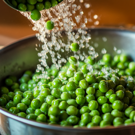 Fresh green peas being shelled for Spring Pea Salad, Easter Dinner preparation.