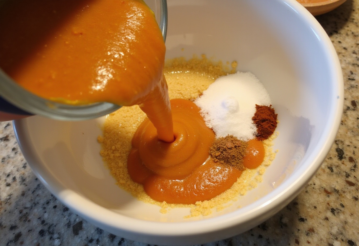 Mixing wet ingredients for Libby pumpkin bread.