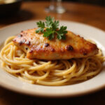 Delicious Longhorn Parmesan Chicken served with spaghetti and garnished with parsley, ready to eat.