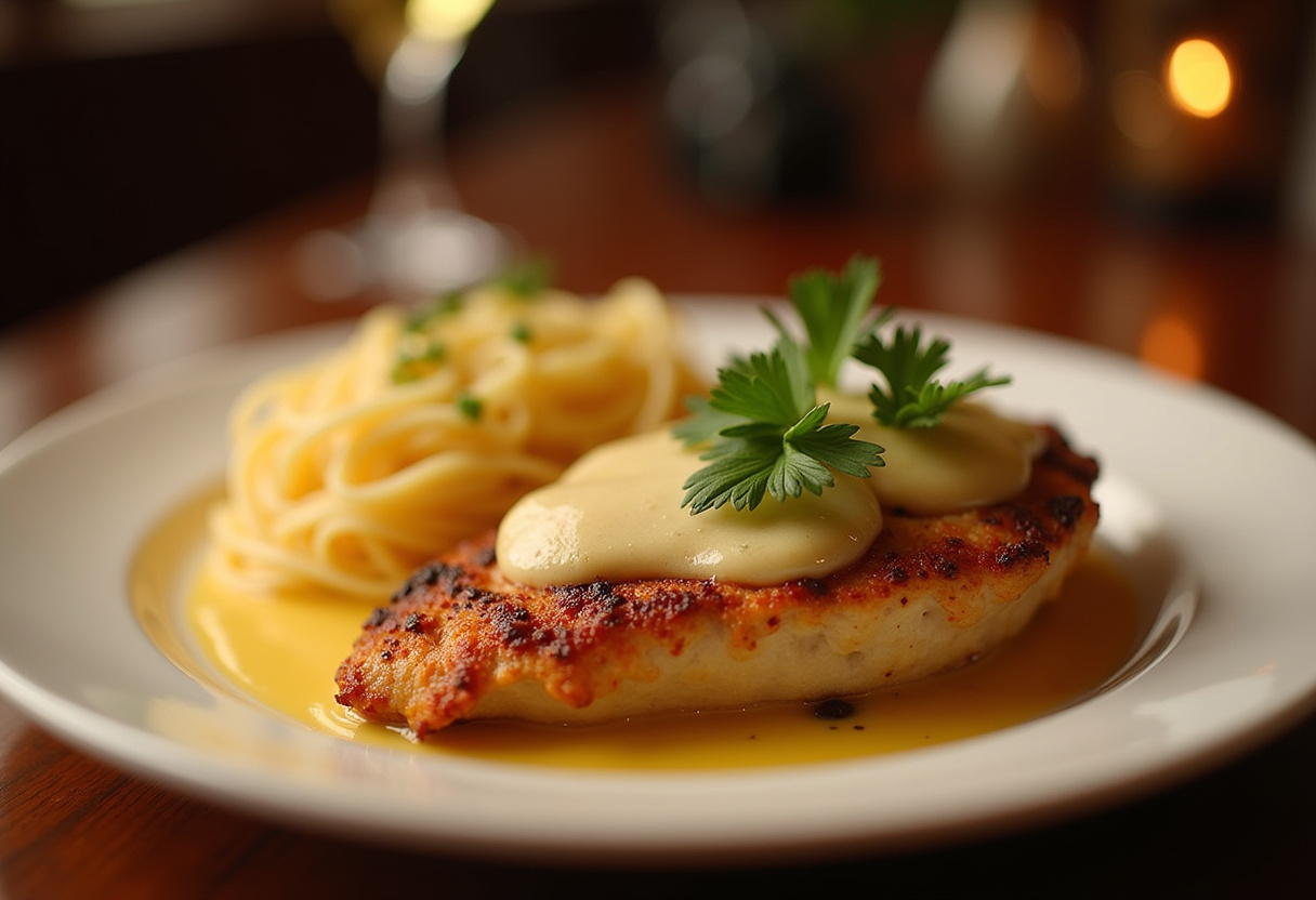 Delicious Longhorn Parmesan Chicken served with spaghetti and garnished with parsley, ready to eat.