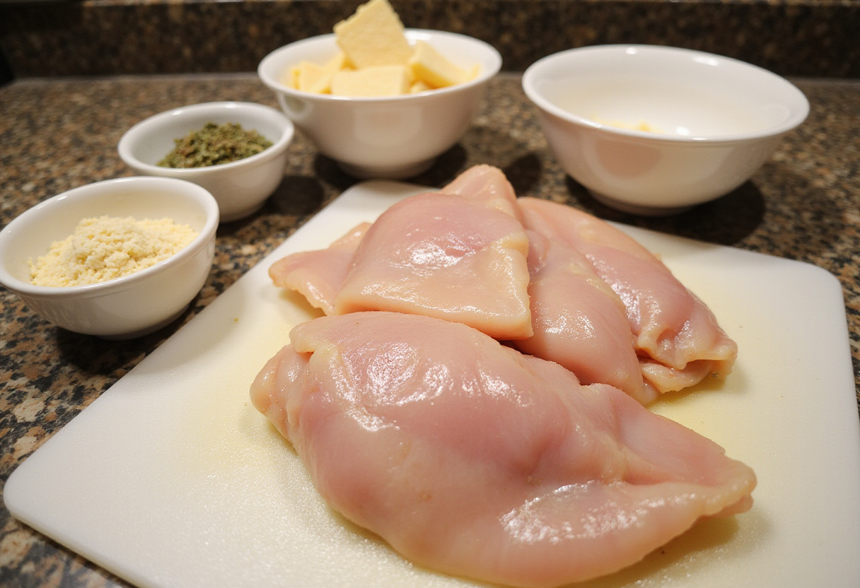 Chicken breasts and ingredients prepared for making Longhorn Parmesan Chicken.