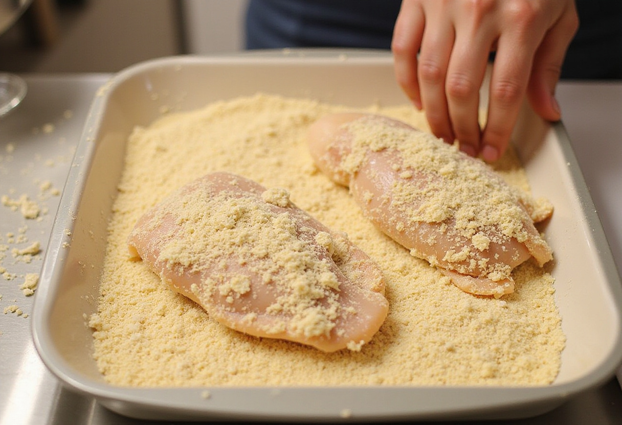 Chicken breasts being coated in breadcrumbs and Parmesan for Longhorn Parmesan Chicken recipe.