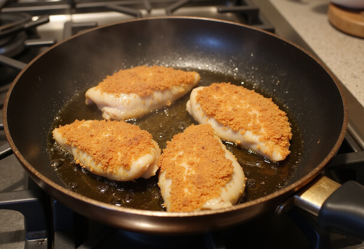 Breaded chicken frying in olive oil on the stovetop for Longhorn Parmesan Chicken.