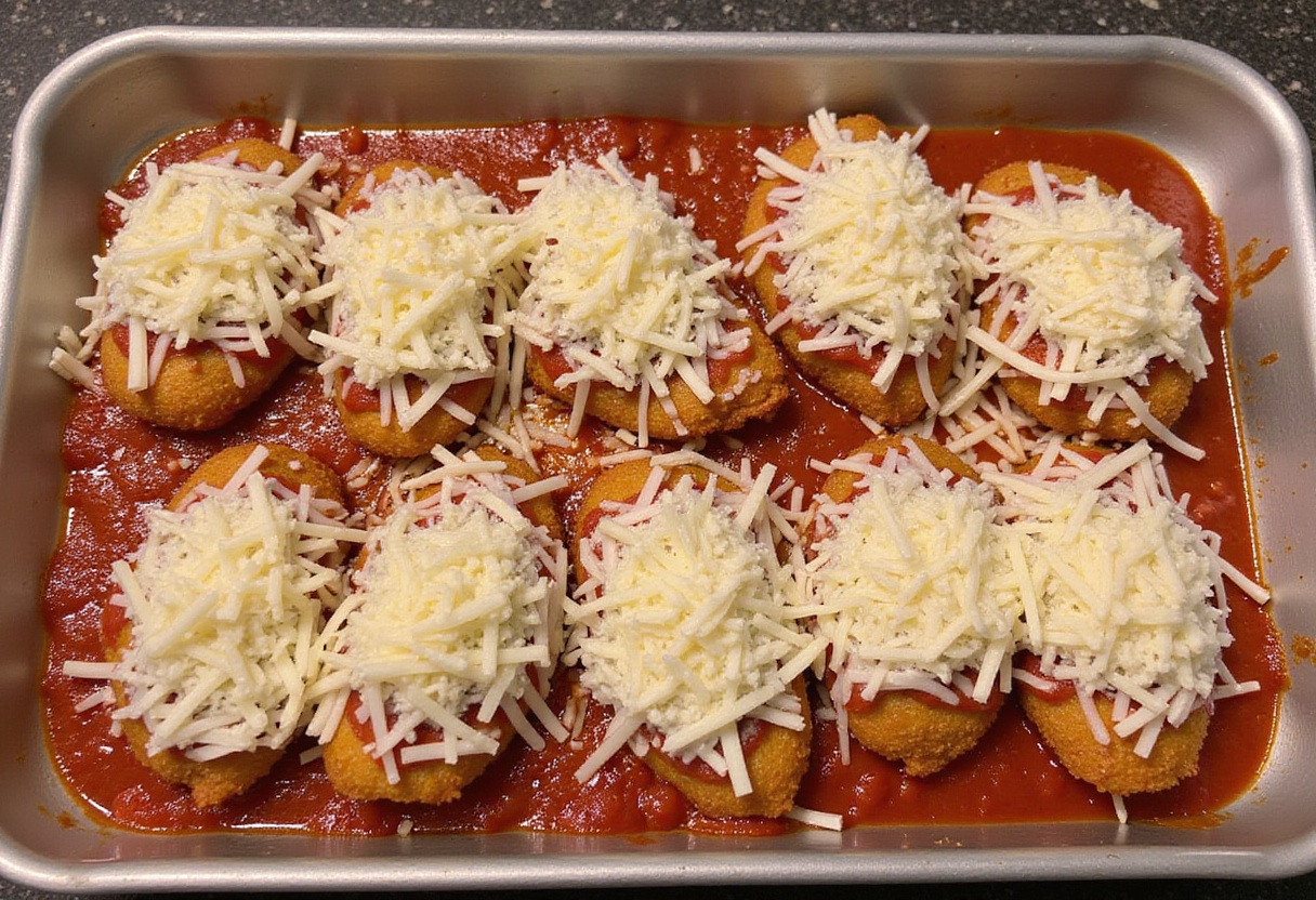 Chicken breasts topped with marinara sauce and mozzarella cheese ready to be baked for Longhorn Parmesan Chicken.