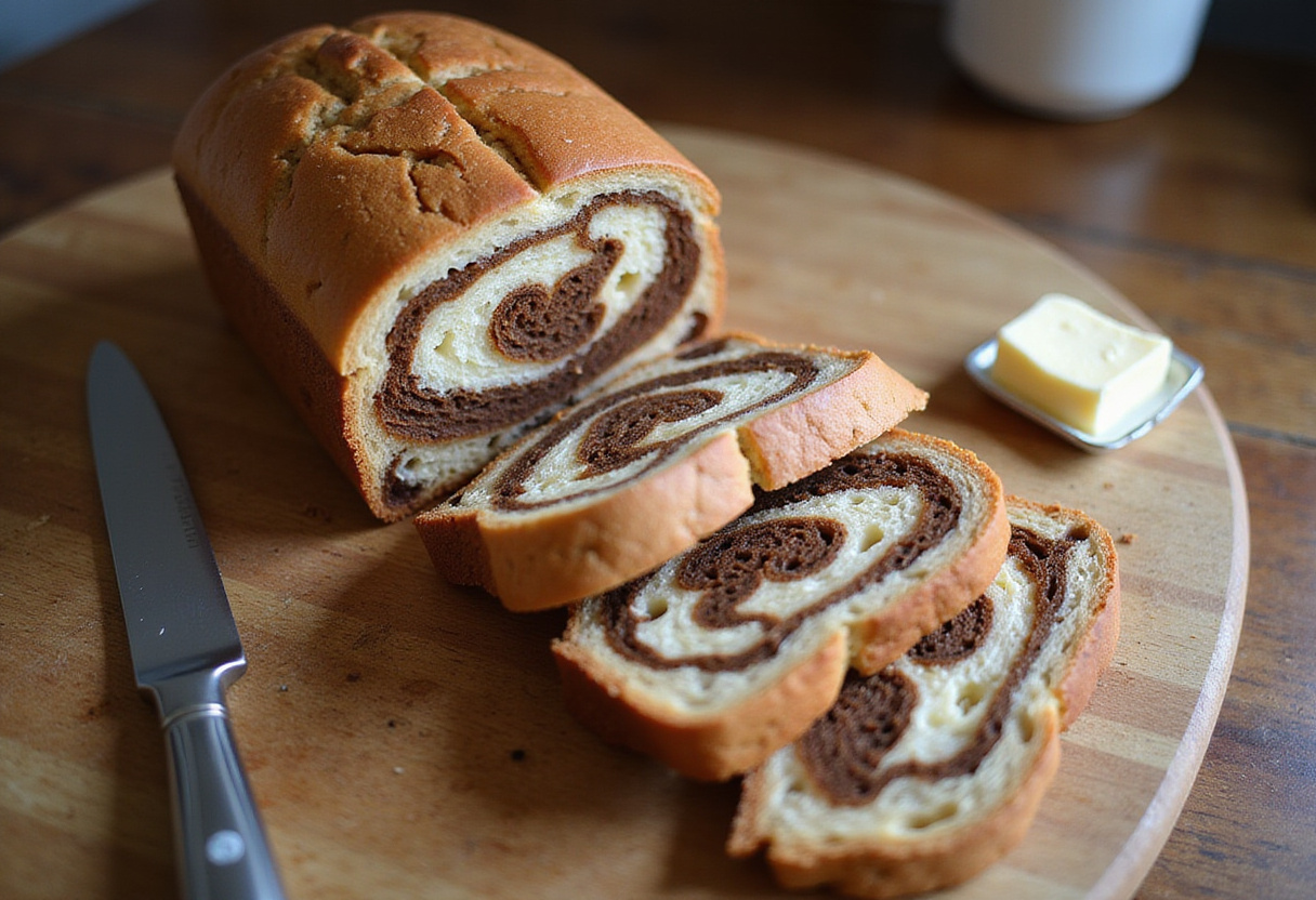Freshly baked Marble Rye Bread slices with butter.