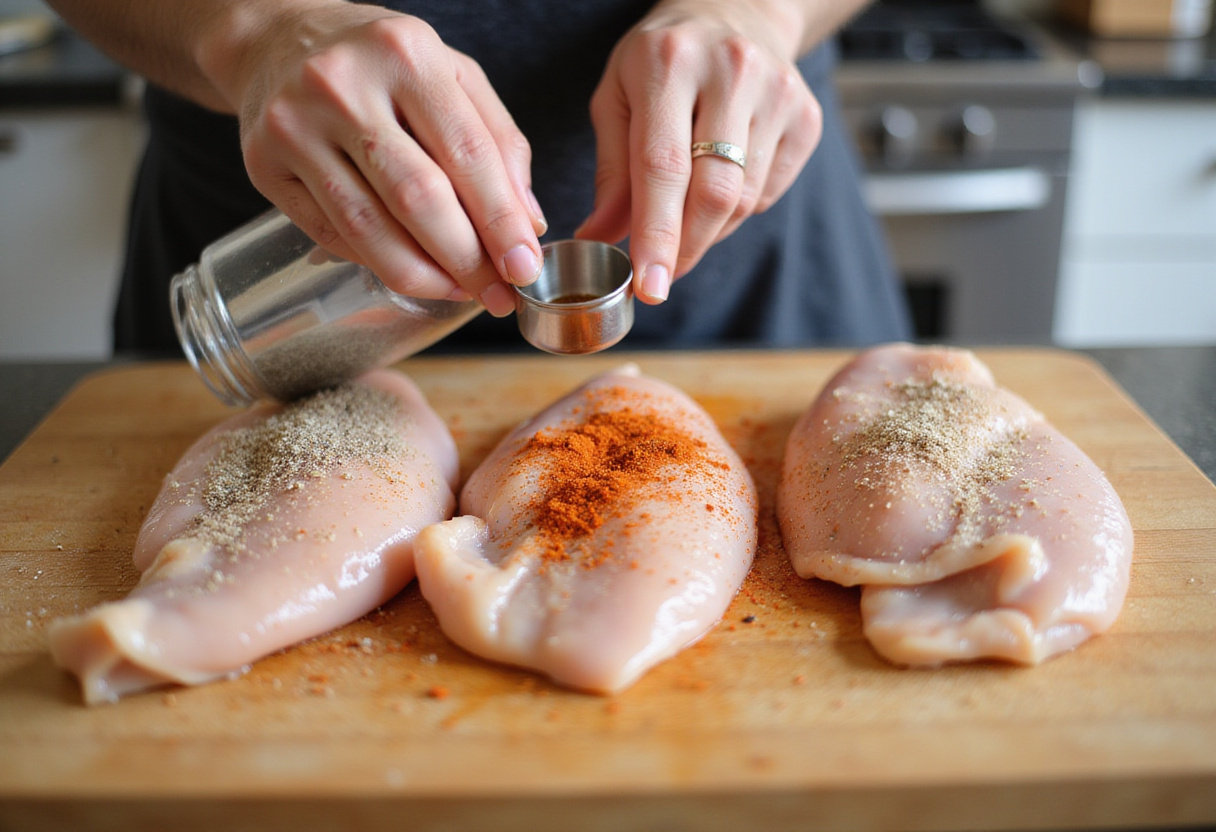 Chicken breasts being seasoned for Marry Me Chicken Pasta.