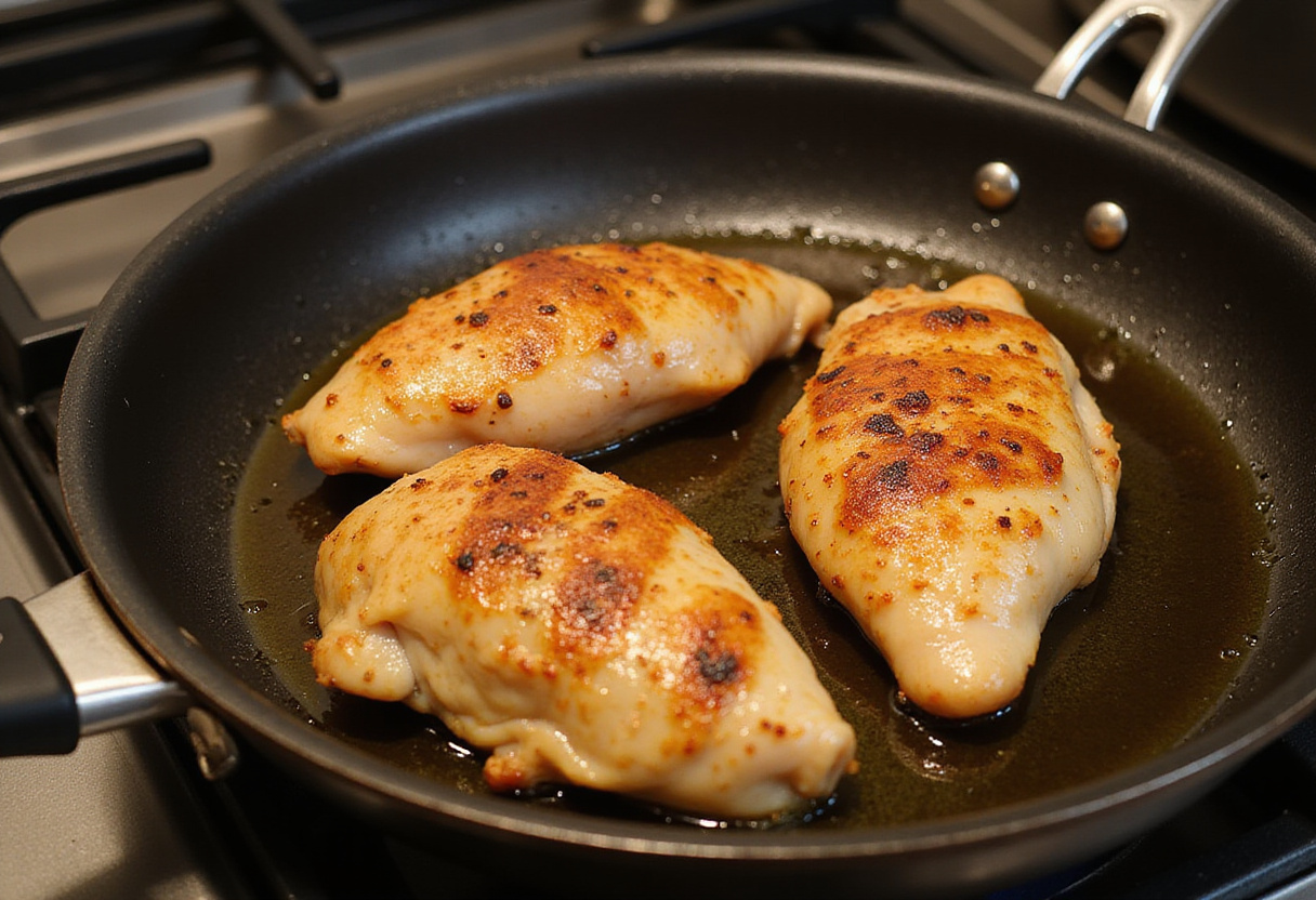 Searing chicken breasts in olive oil for Marry Me Chicken Pasta recipe.