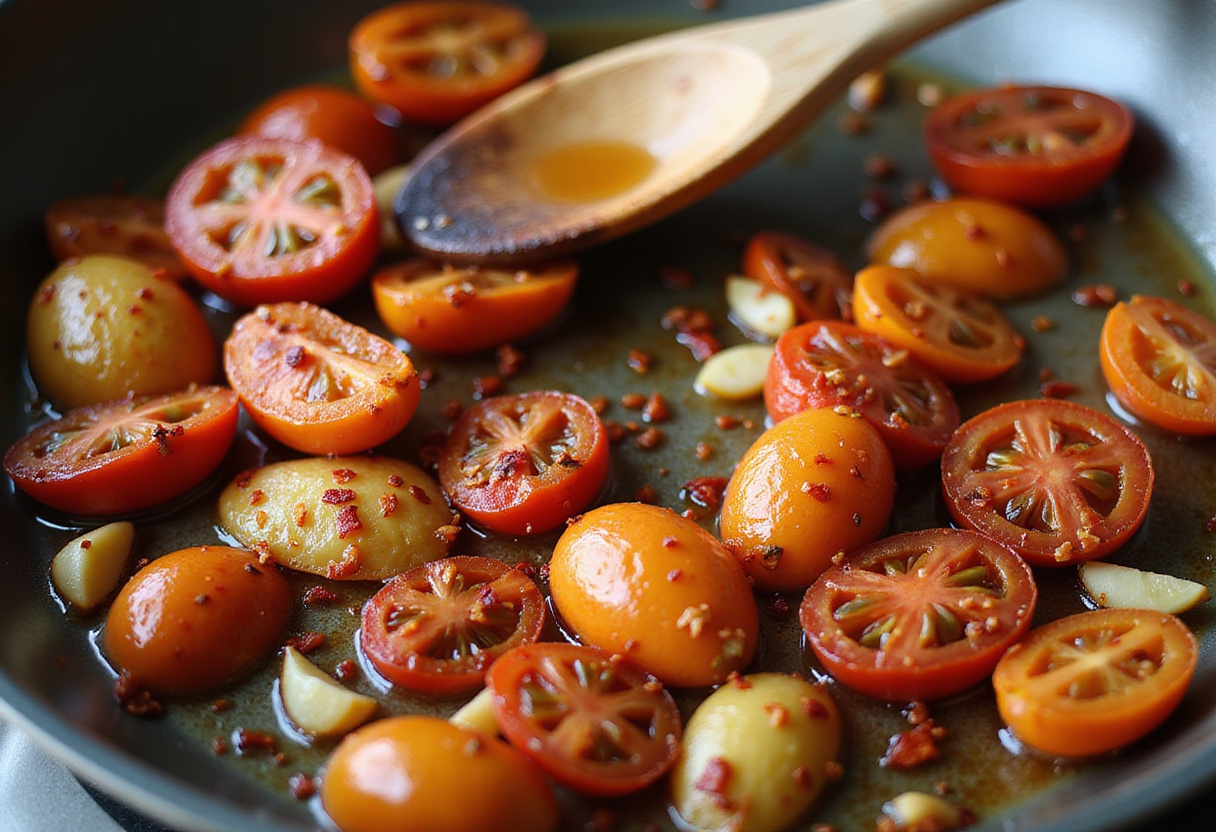 Sautéing sun-dried tomatoes, garlic, and red pepper flakes for Marry Me Chicken Pasta.