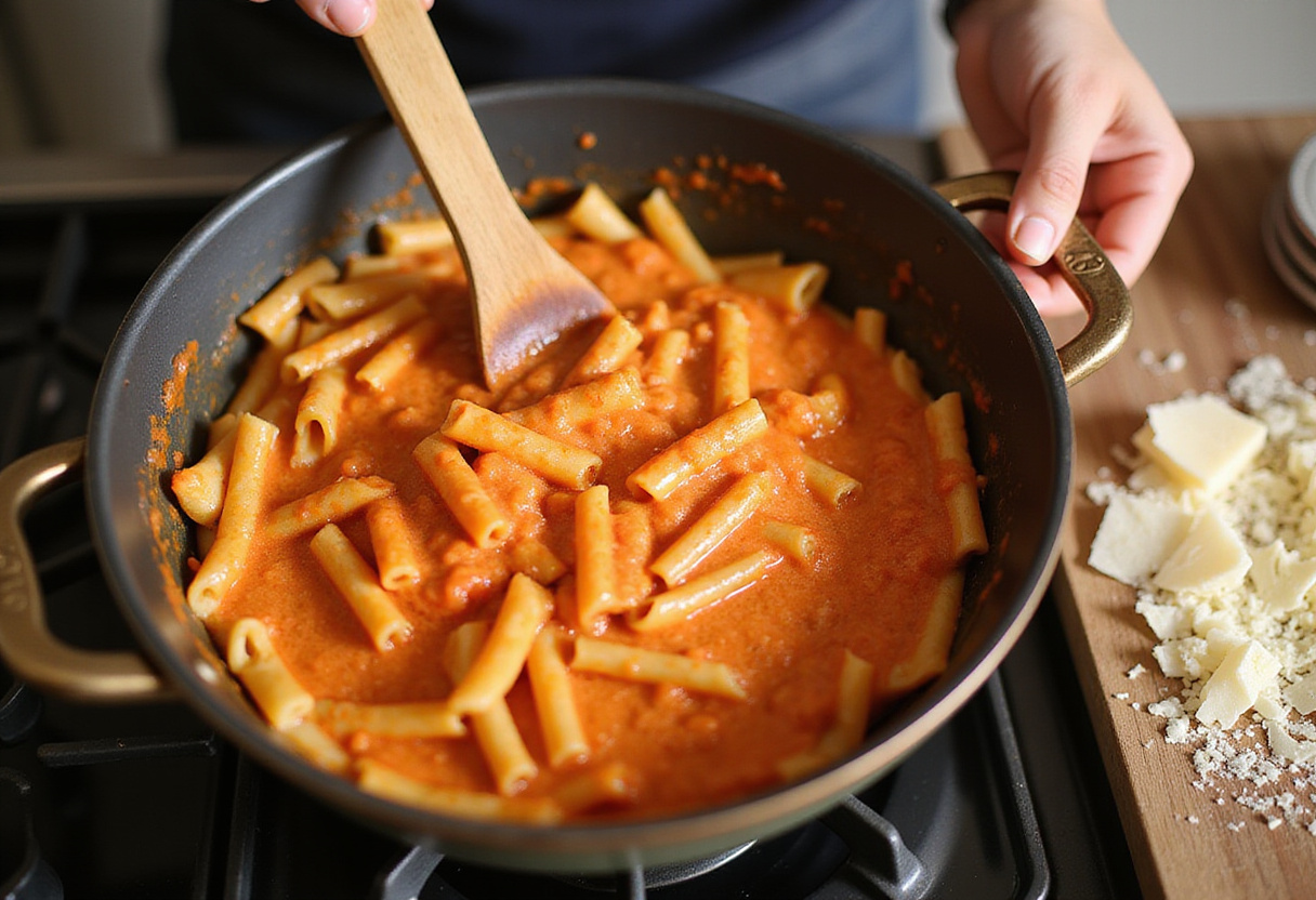 Creamy tomato sauce being added to pasta for Marry Me Chicken Pasta.