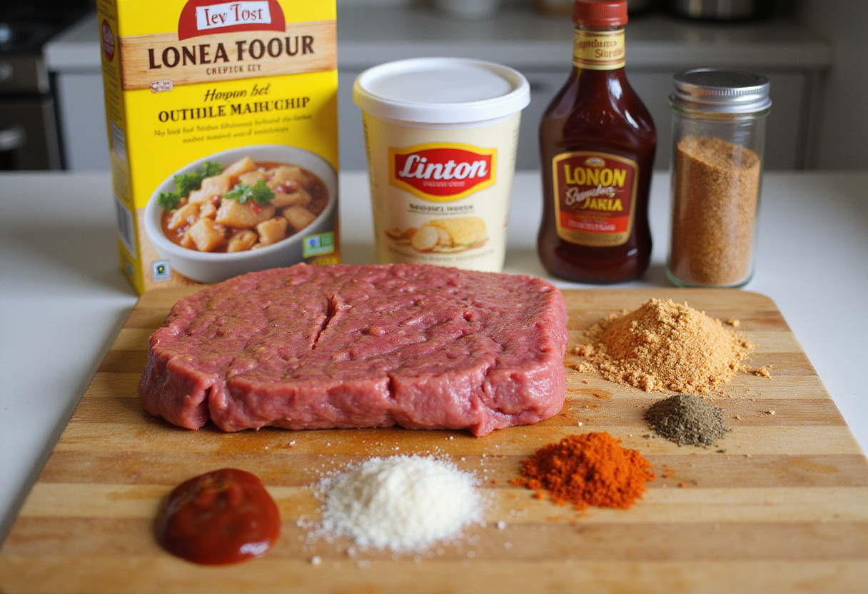 Ingredients for Lipton onion soup meatloaf recipe.