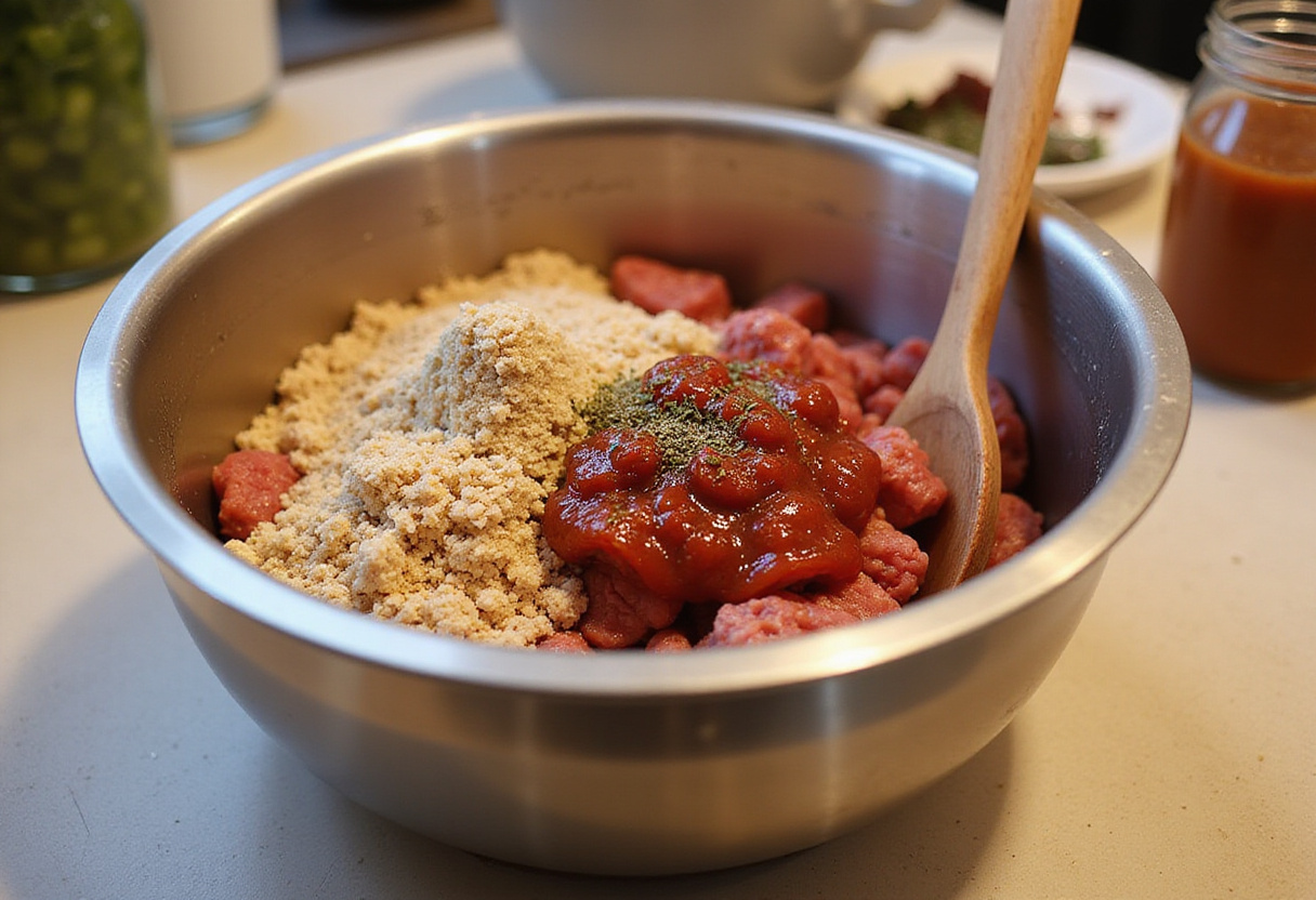 Mixing meatloaf ingredients including lipton onion soup mix.