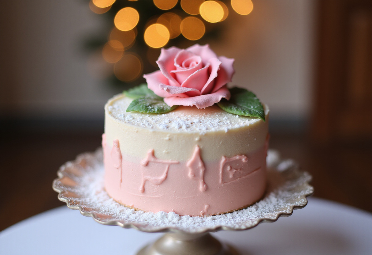 Finished Princess Cake with marzipan rose, ready to be served.