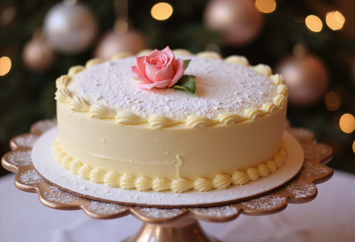 Finished Princess Cake with marzipan rose, ready to be served.