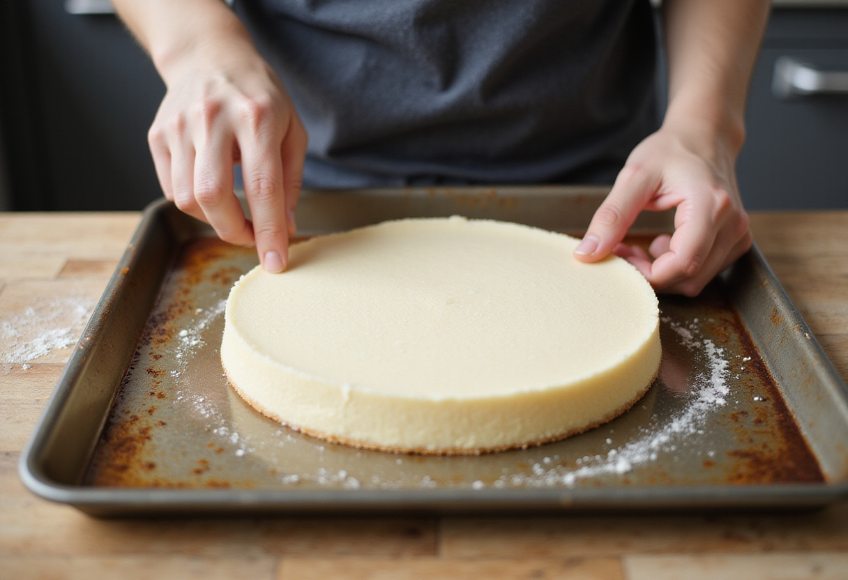 Preparing the sponge cake layer for a Princess Cake.