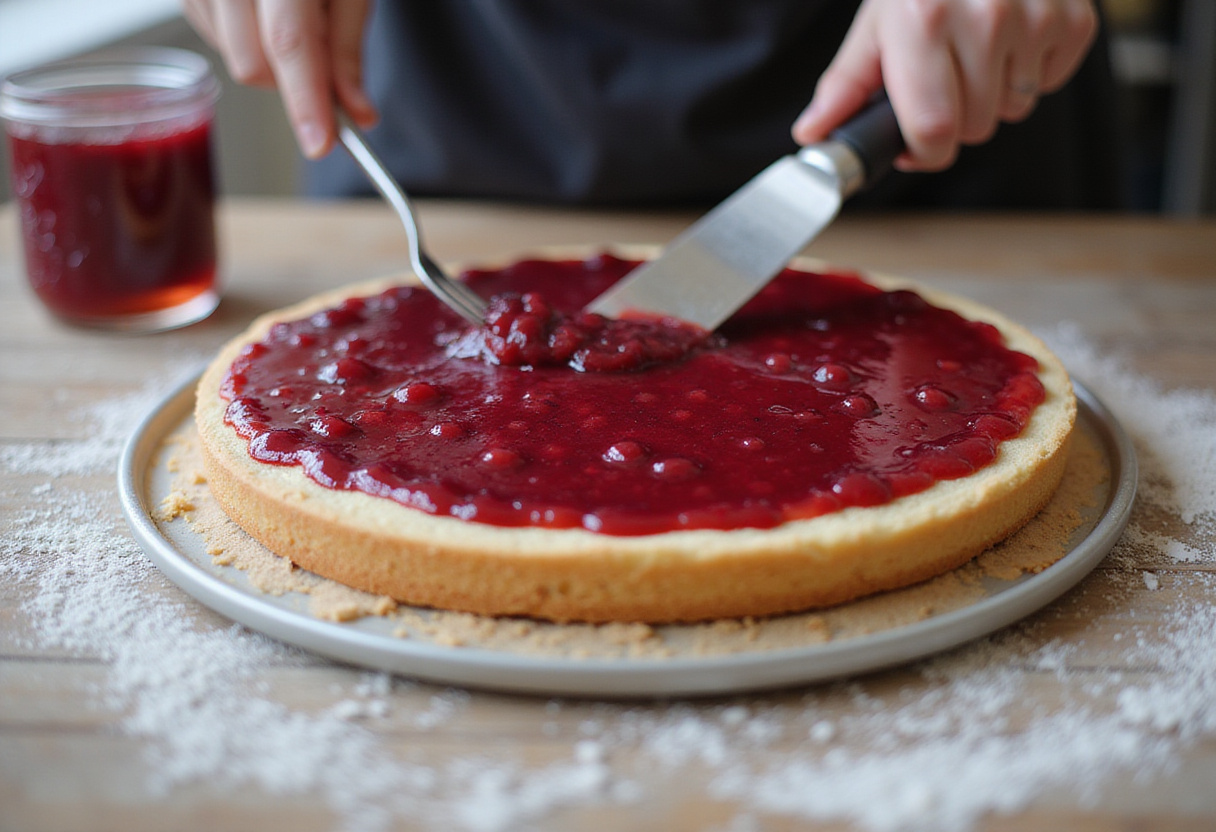 Spreading raspberry jam on the sponge cake for Princess Cake.