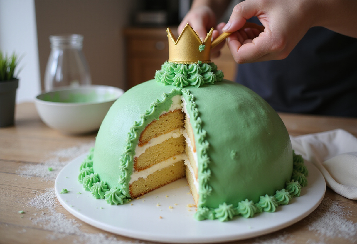 Assembling and covering the Princess Cake with green marzipan.