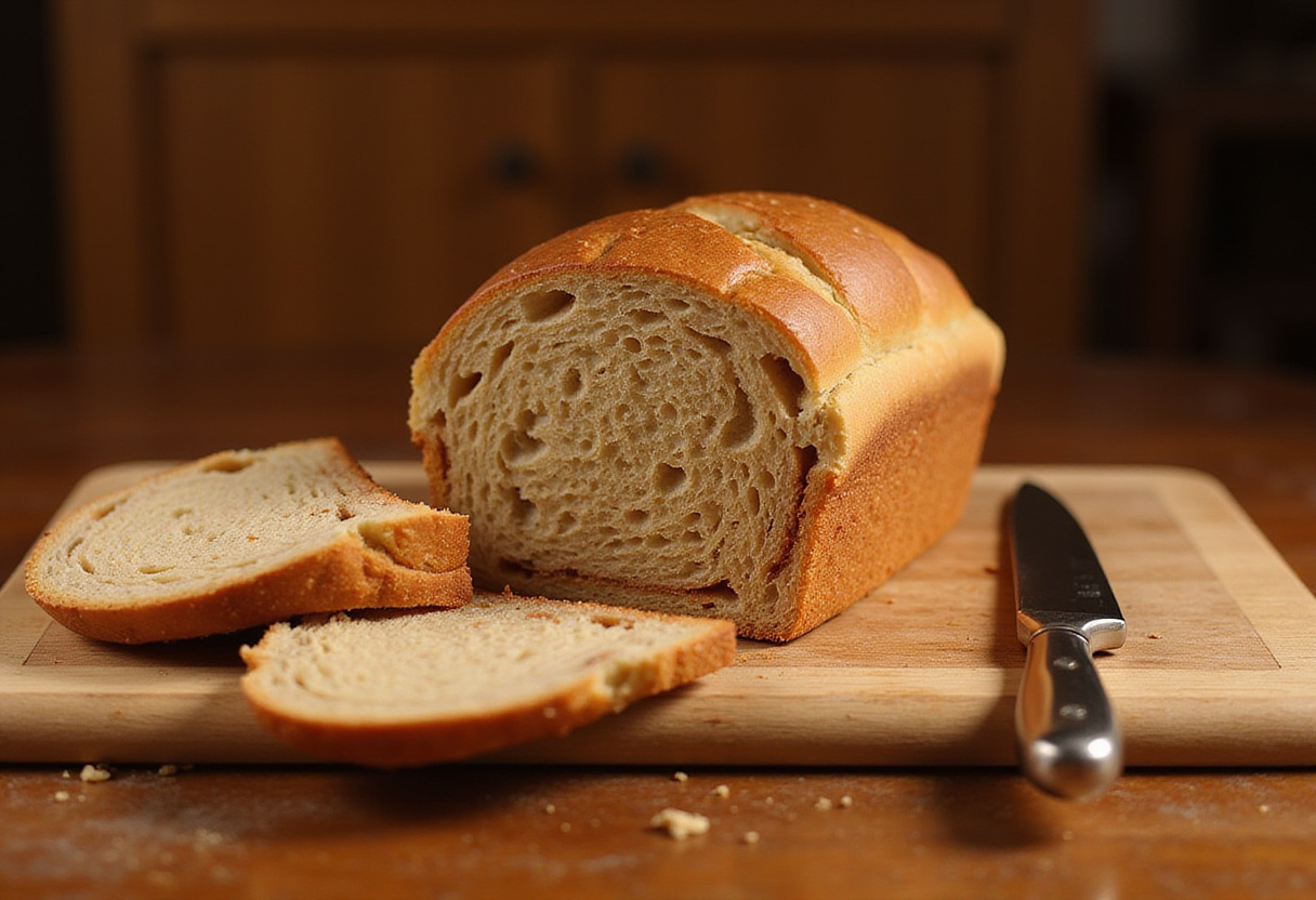 Warm, freshly baked Amish Cinnamon Bread sliced and ready to eat.