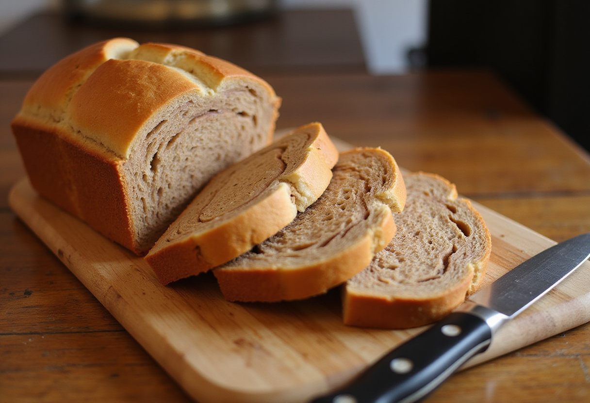 Warm, freshly baked Amish Cinnamon Bread sliced and ready to eat.