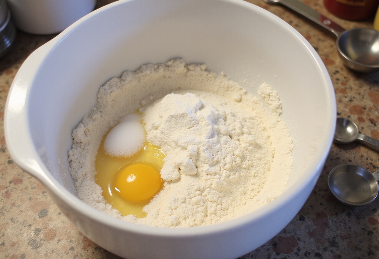 Dry ingredients being mixed in a bowl for Amish Cinnamon Bread recipe.
