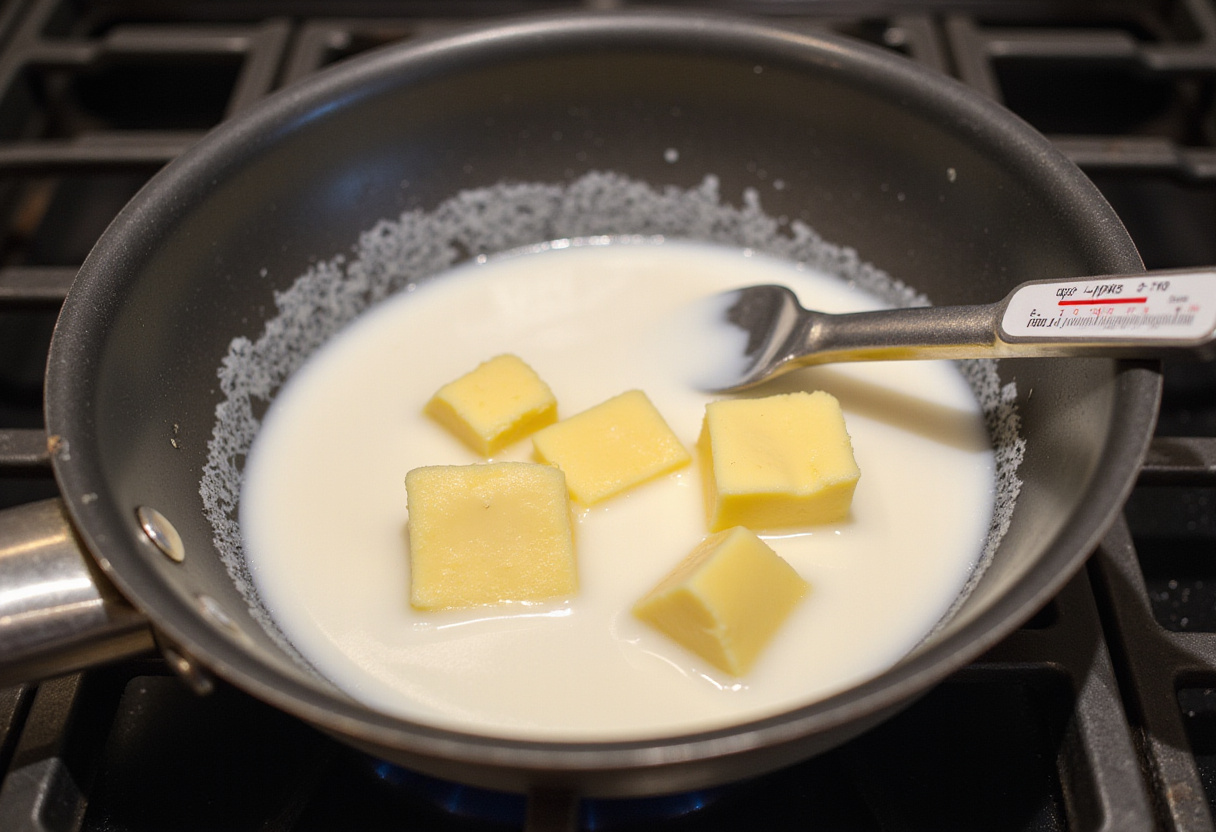 Heating milk and butter for Amish Cinnamon Bread.