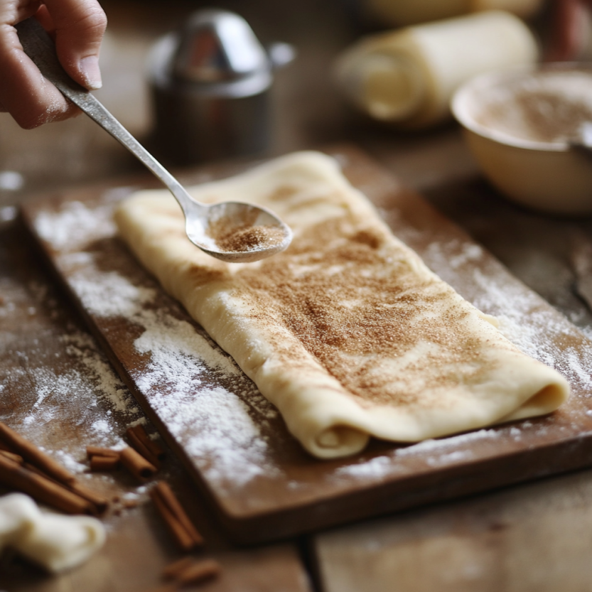 Adding cinnamon sugar filling to dough for Amish Cinnamon Bread.